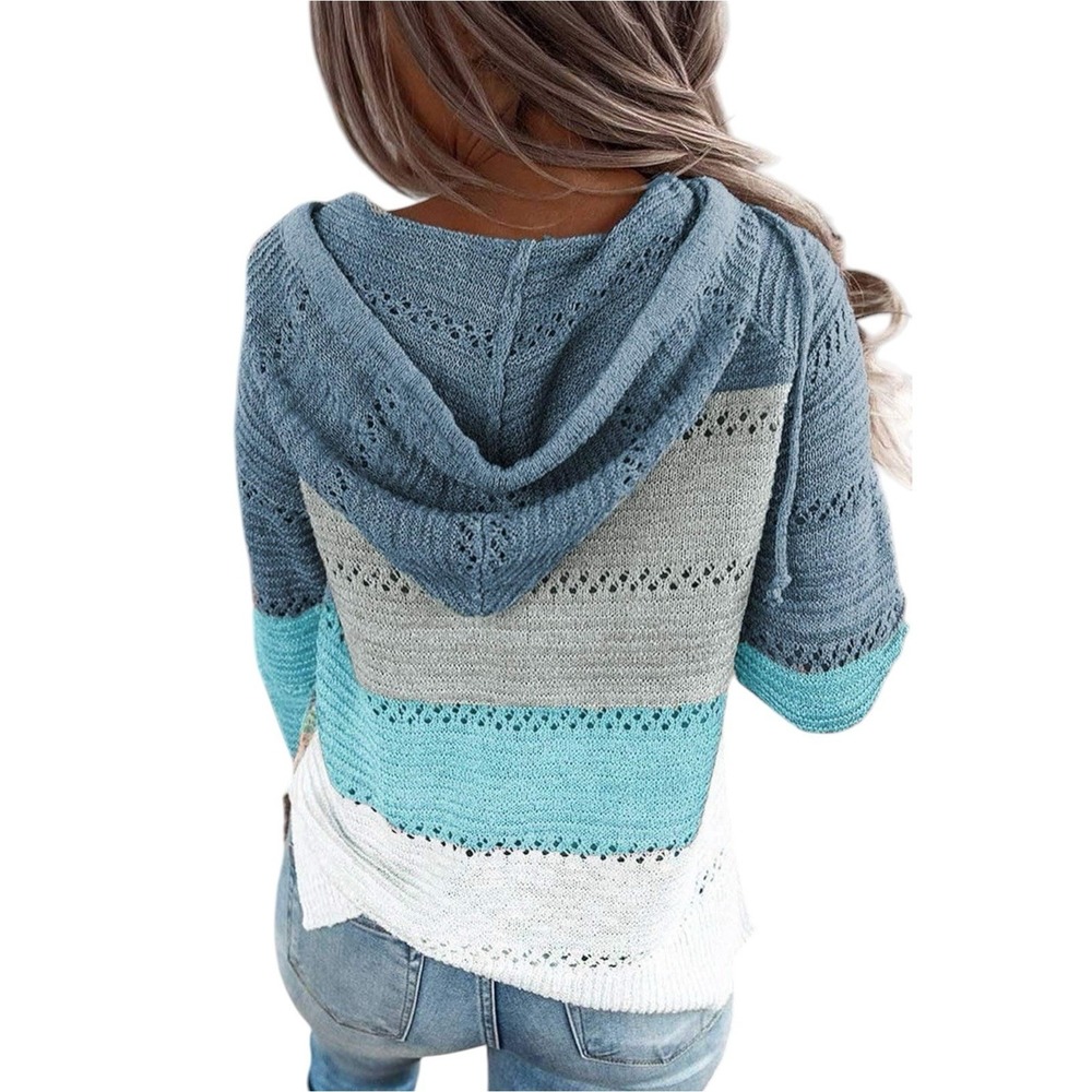 Women's Lightweight Color Block Hooded Sweater Large Knit Eyelet Pullover Soft - Picture 2 of 16